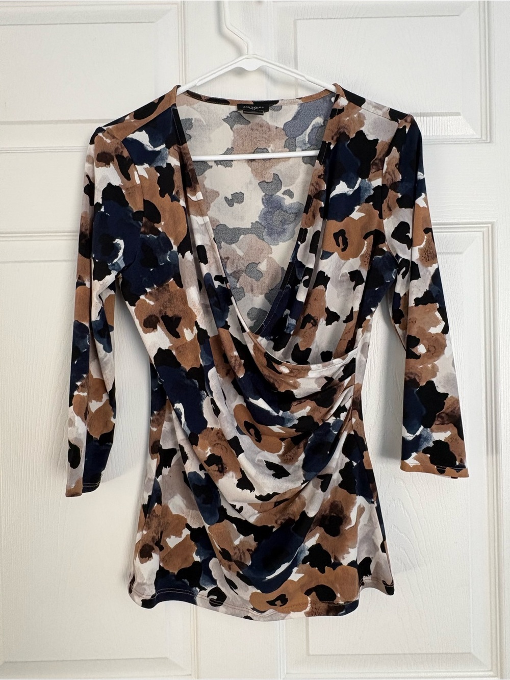 Ann Taylor Draped V-Neck Blouse in Navy, Brown & Cream